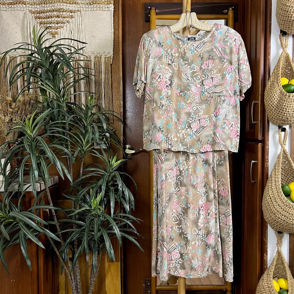Vintage 90s Judy Knapp Rayon Skirt Set USA Abstract Floral 2 Piece Co Ord S M